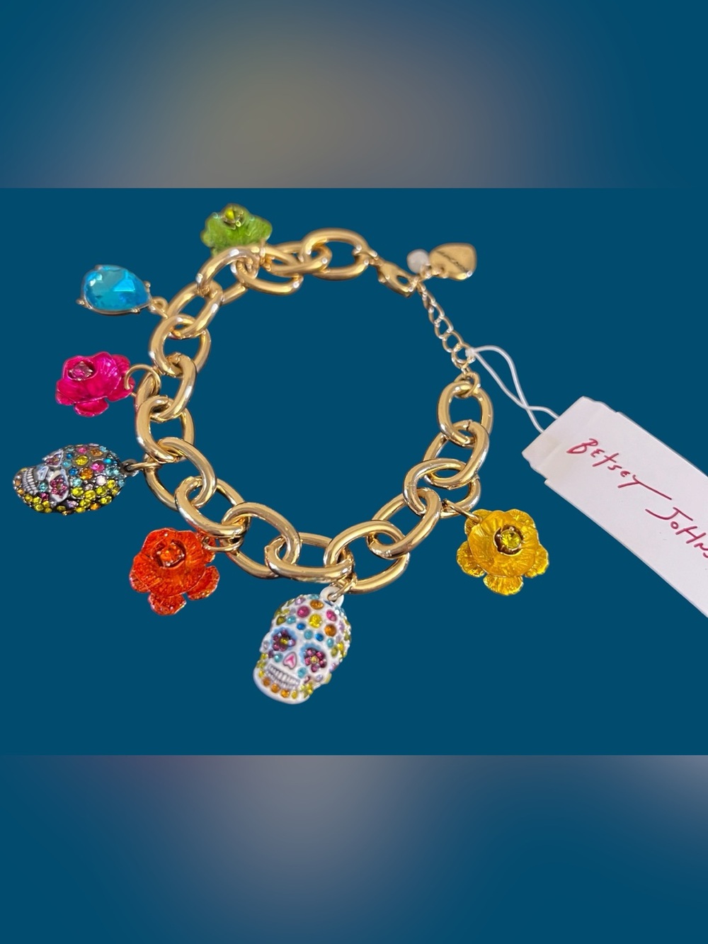 Chunky Gold Charm Bracelet with Colorful Sugar Skull & Floral Charms